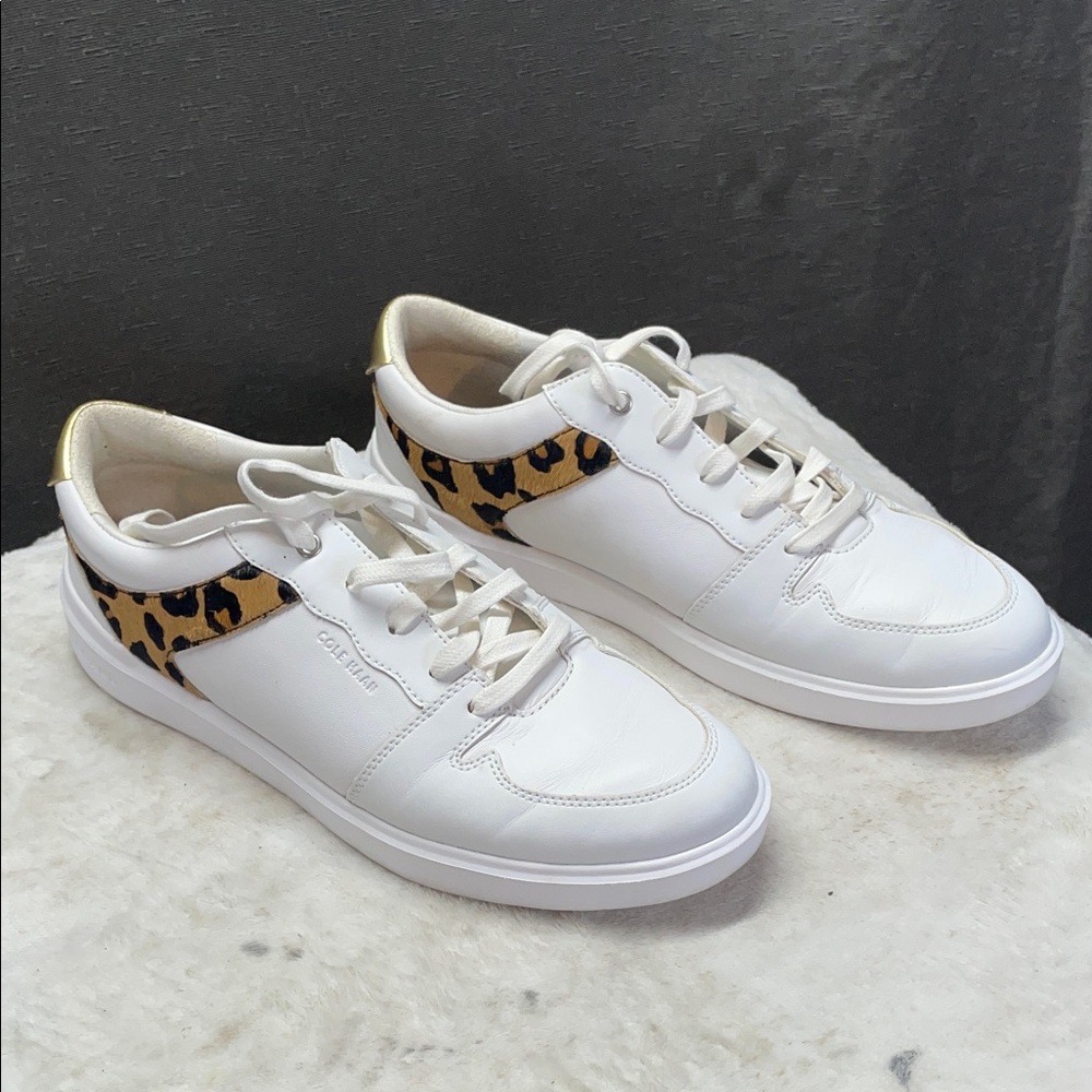 Cole Haan Women's White Sneakers with Gold and Leopard Print